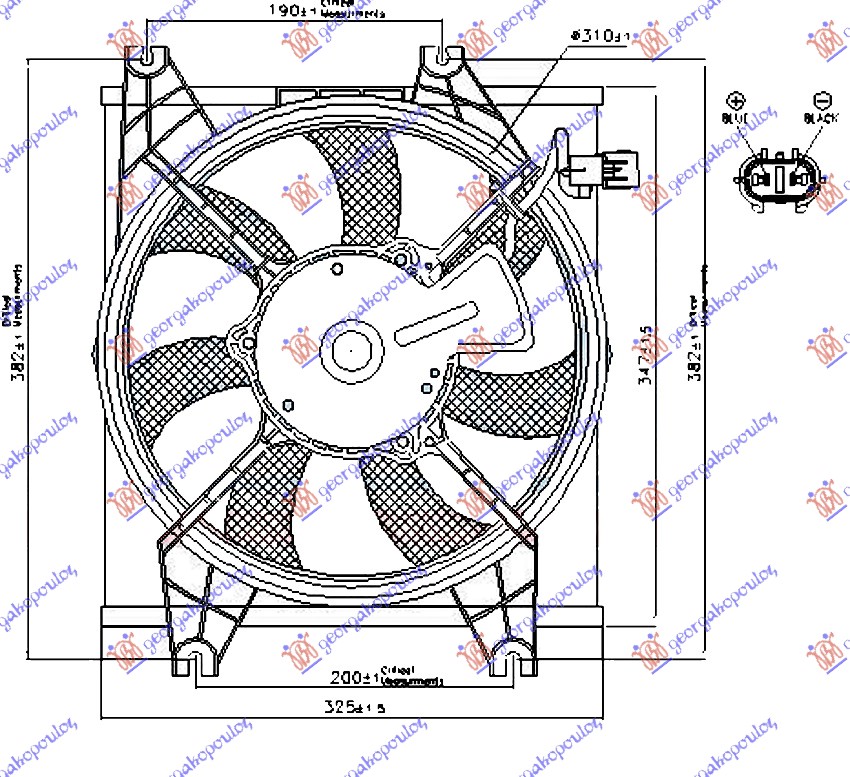 Hyundai accent h/b 99-02 VENTILATOR KLIME KOMPLET (BENZIN) (310mm) (2 PIN)