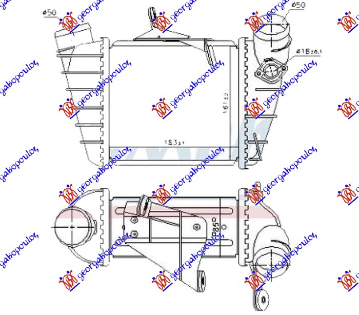 Skoda fabia 99-07 HLADNJAK INTERKULERA 1.9 Tdi DIZEL (183x161x85) (OTVOR ZA SENZOR 18mm)