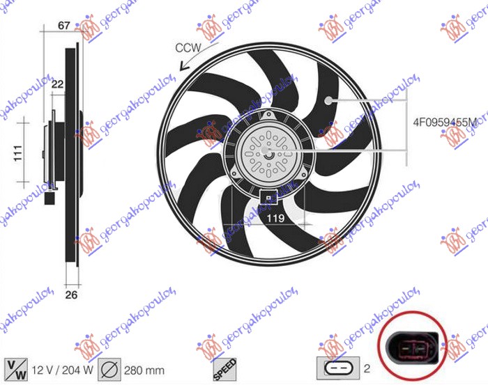 Audi a6 08-10 VENTILATOR KLIME (MOTOR+ELISA) (3.0 TFSI BENZIN) (280mm) (2 PIN)