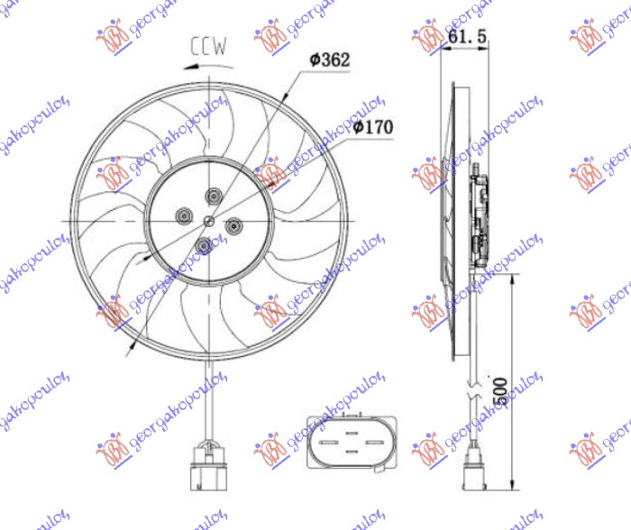 Audi a5 19- VENTILATOR (MOTOR+ELISA) (2.0-3.0 TFSI BENZIN - 2.0-3.0 TDI DIZEL) (370mm) (400W) (4 PIN) LEVO